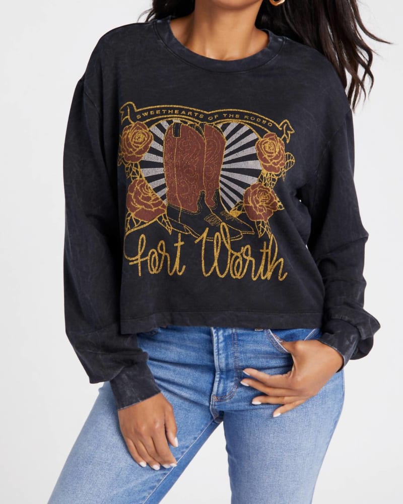 Front of a model wearing a size L Fw Boots Sweatshirt in Black in Black by PROJECT SOCIAL T. | dia_product_style_image_id:343605